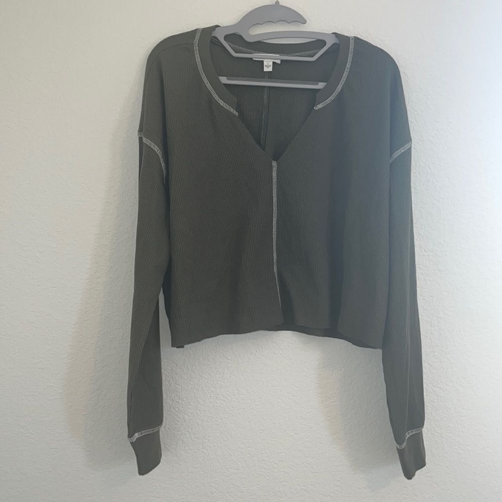 BP Waffle Long Sleeve Crop Shirt in Olive Green NEW NWT